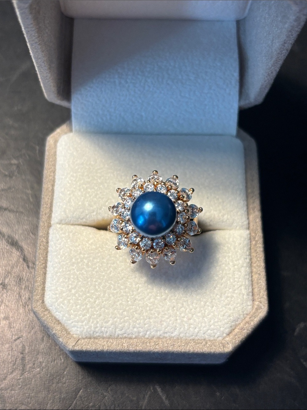Faux pearl and crystal gold plated sterling silver ring